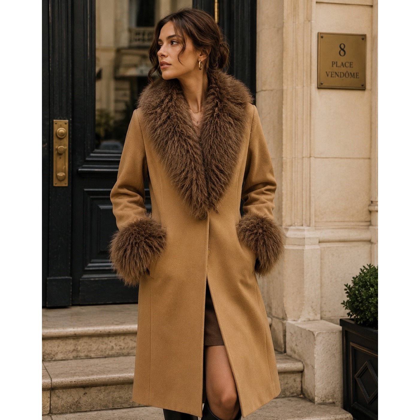 J Percy Vintage Penny Lane Women Camel Fur Collar & Cuffs Wool Coat Size 8